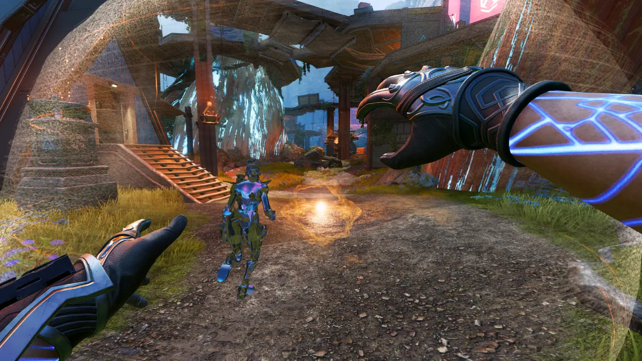 Vista em primeira pessoa a explorar o mapa de Apex Legends com arma equipada