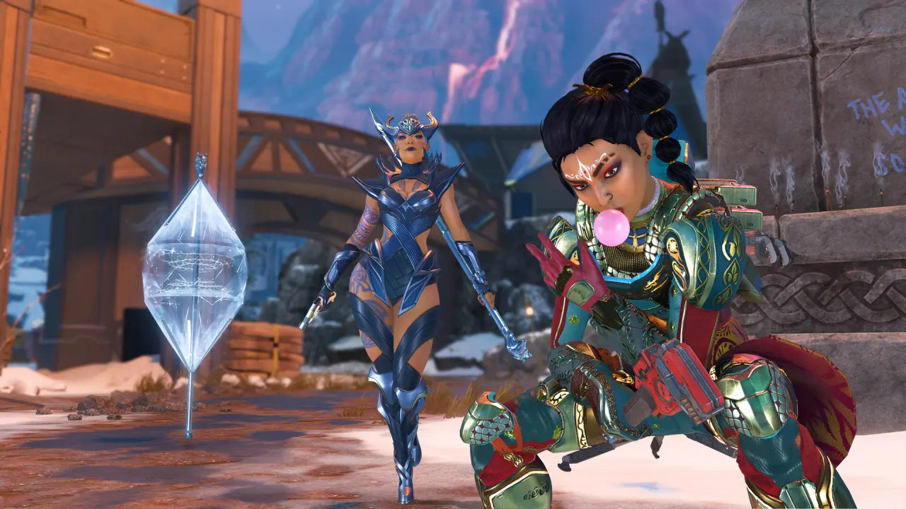 Grupo de lendas de Apex Legends com armaduras de evento reunidas num cenário nevado