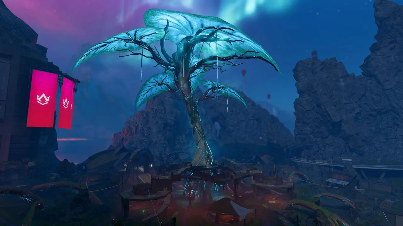 Monumento em forma de árvore luminosa numa zona do mapa de Apex Legends ao entardecer