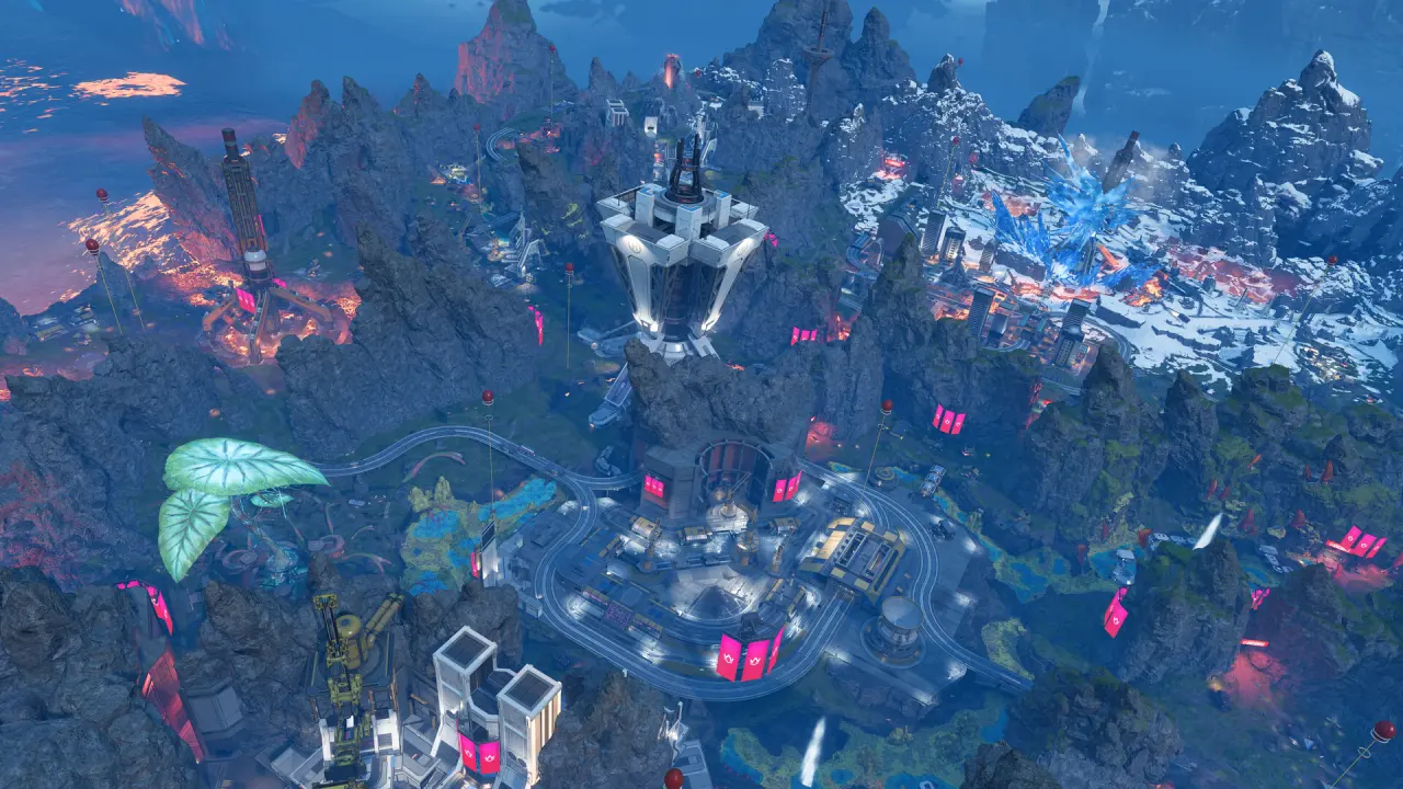 Vista aérea de uma zona do mapa de Apex Legends com bandeiras de evento